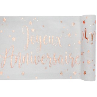Chemin de table joyeux anniversaire lin et rose gold