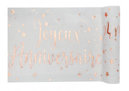 Chemin de table joyeux anniversaire lin et rose gold