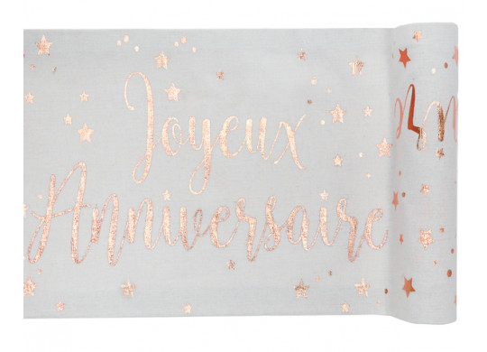 Chemin de table joyeux anniversaire lin et rose gold