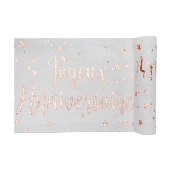 Chemin de table joyeux anniversaire lin et rose gold