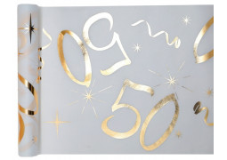 Chemin de table anniversaire métallisé "50" blanc