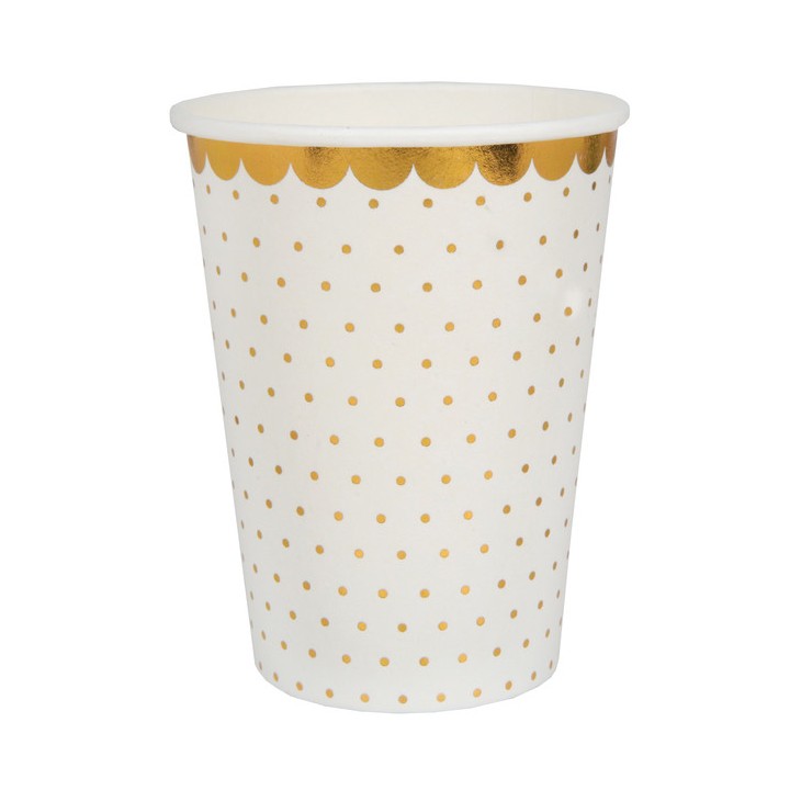 10 gobelets blanc pois or