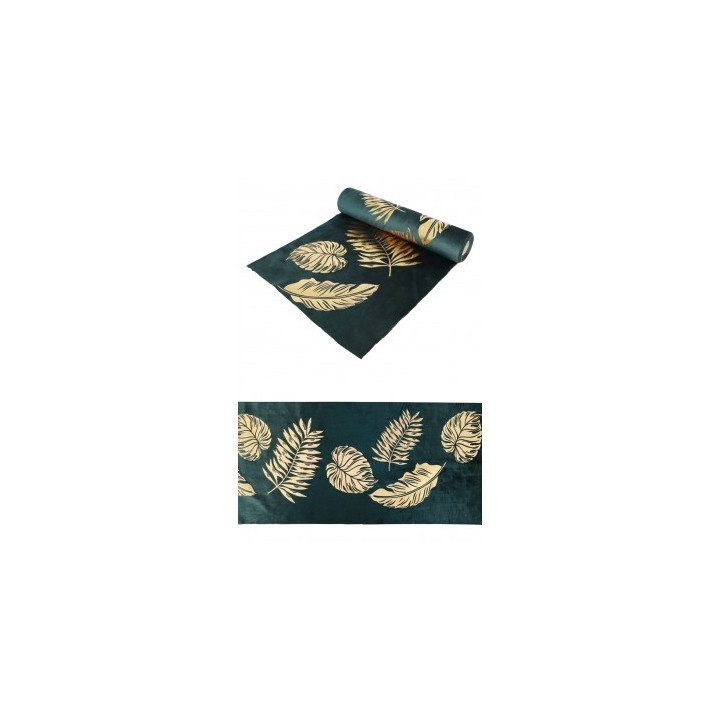 Chemin de table velours vert feuille or