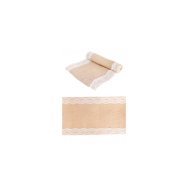 Chemin de table toile de jute et dentelle