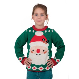 Pull moche de Noël enfant vert tête de Père Noël