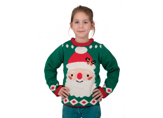 Pull moche de Noël enfant vert tête de Père Noël