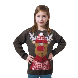 Pull moche de Noël enfant gris renne musical