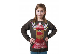 Pull moche de Noël enfant gris renne musical