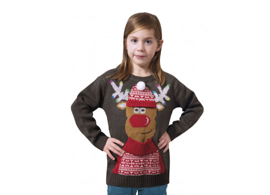 Pull moche de Noël enfant gris renne musical