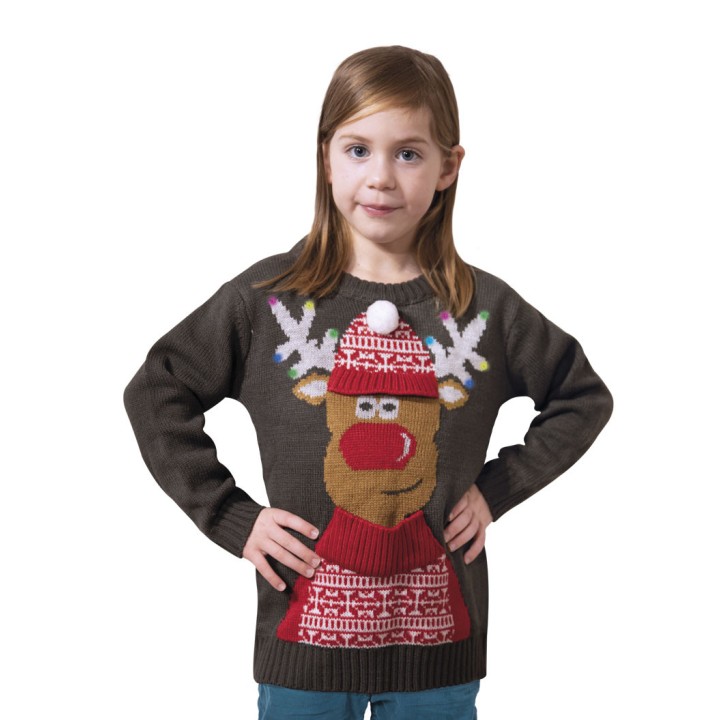 Pull moche de Noël enfant gris renne musical