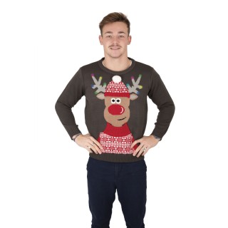 Pull moche de Noël adulte gris renne musical