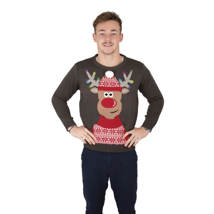 Pull moche de Noël adulte gris renne musical