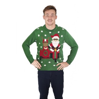 Pull moche de Noël adulte vert Père Noël motard