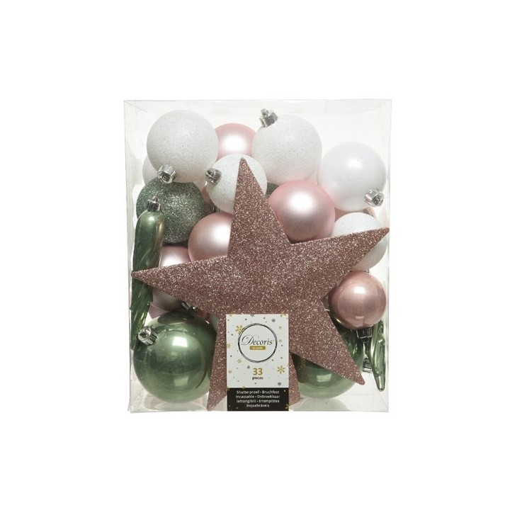 Boite 33 boules rose/blanc/vert sauge
