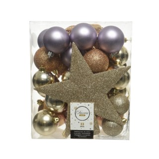 Boite 33 boules mauve/champagne/camel