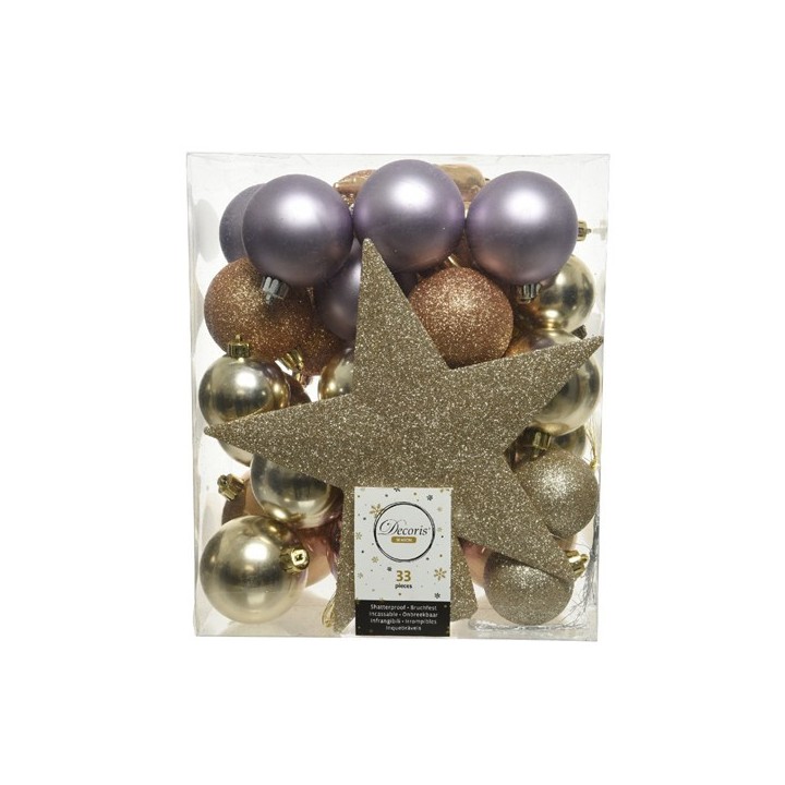 Boite 33 boules mauve/champagne/camel