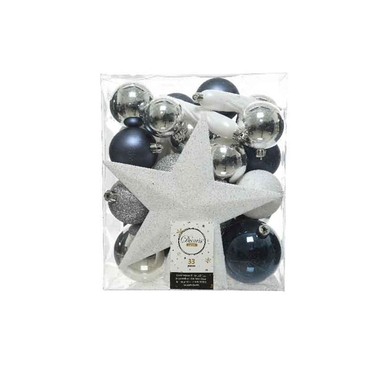 Boite 33 boules blanc/bleu/argent
