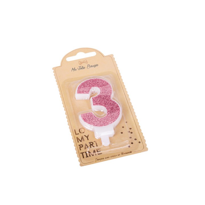 Bougie pailleté rose gold chiffre 3