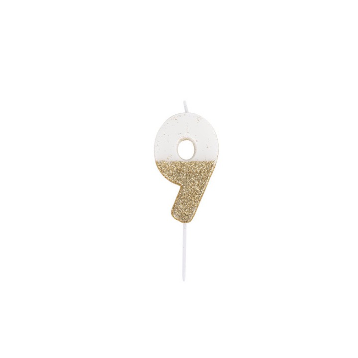 Bougie blanche/or chiffre 9