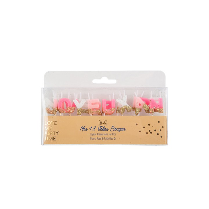 Bougie Joyeux anniversaire rose/or