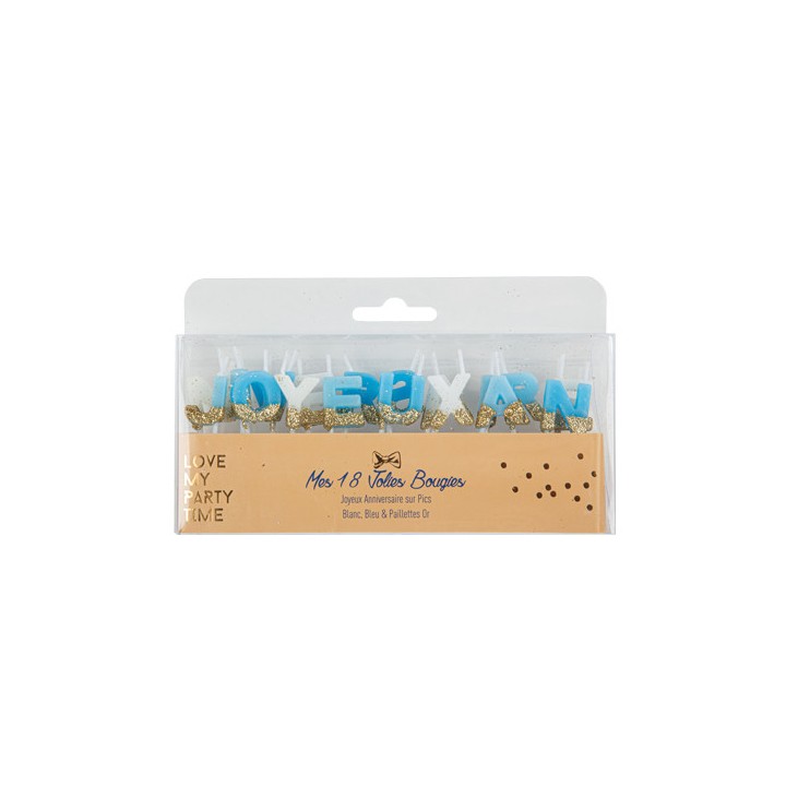 Bougie Joyeux anniversaire bleu/or