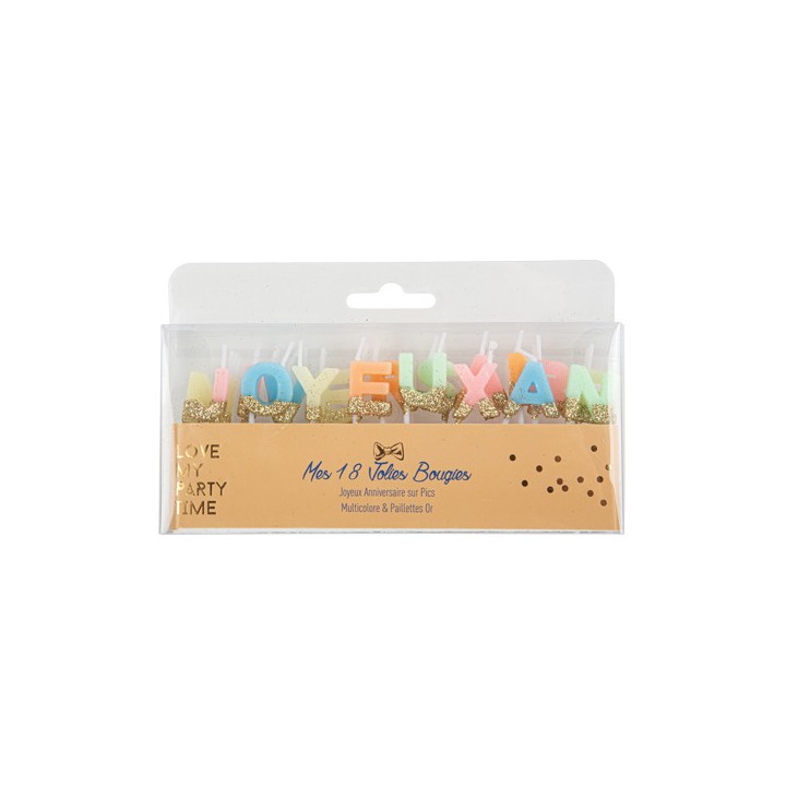 Bougie Joyeux anniversaire multicolore/or