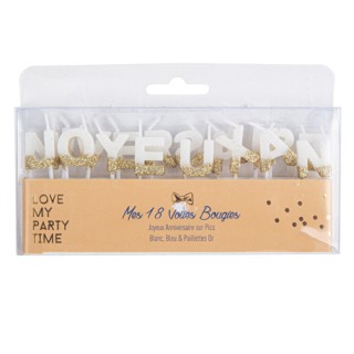Bougie Joyeux anniversaire blanc/or