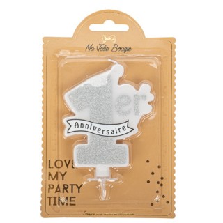 Bougie 1er anniversaire blanc/argent
