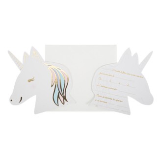 8 Invitations + enveloppes licorne pastel/or