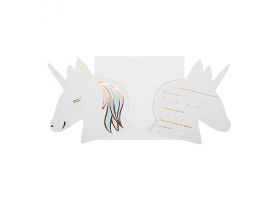 8 Invitations + enveloppes licorne pastel/or