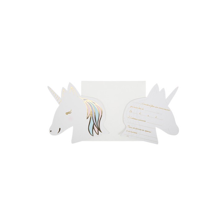 8 Invitations + enveloppes licorne pastel/or