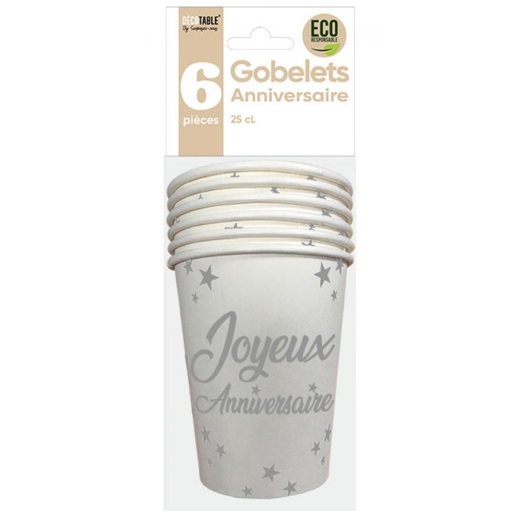 Gobelets carton joyeux anniversaire blanc