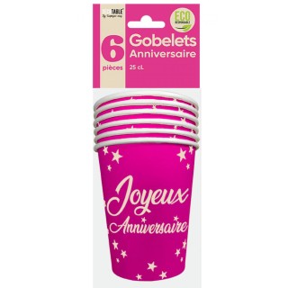 Gobelets carton joyeux anniversaire fuschia
