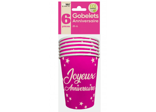 Gobelets carton joyeux anniversaire fuschia