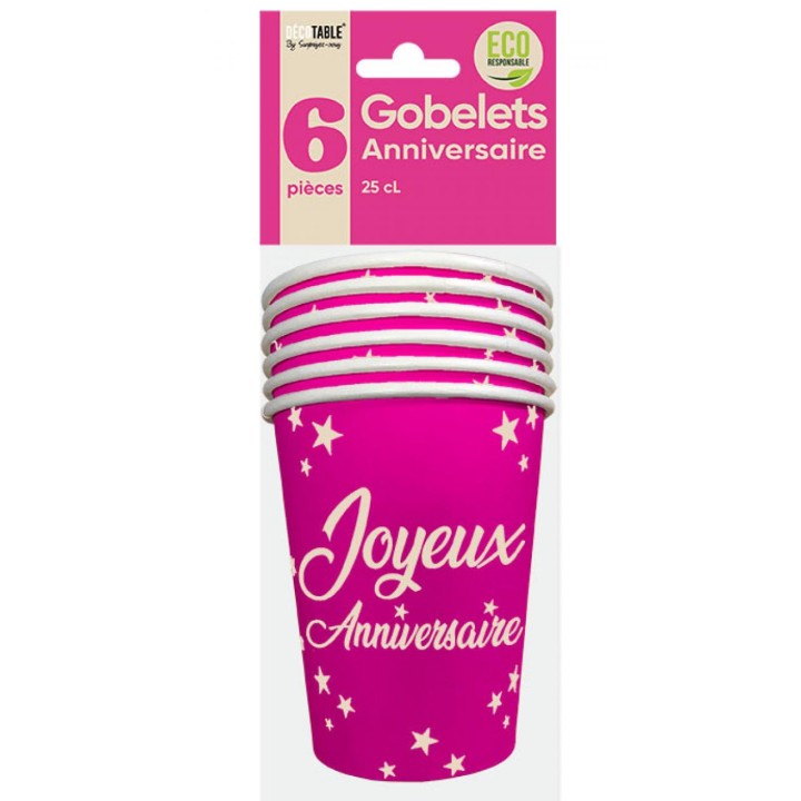 Gobelets carton joyeux anniversaire fuschia