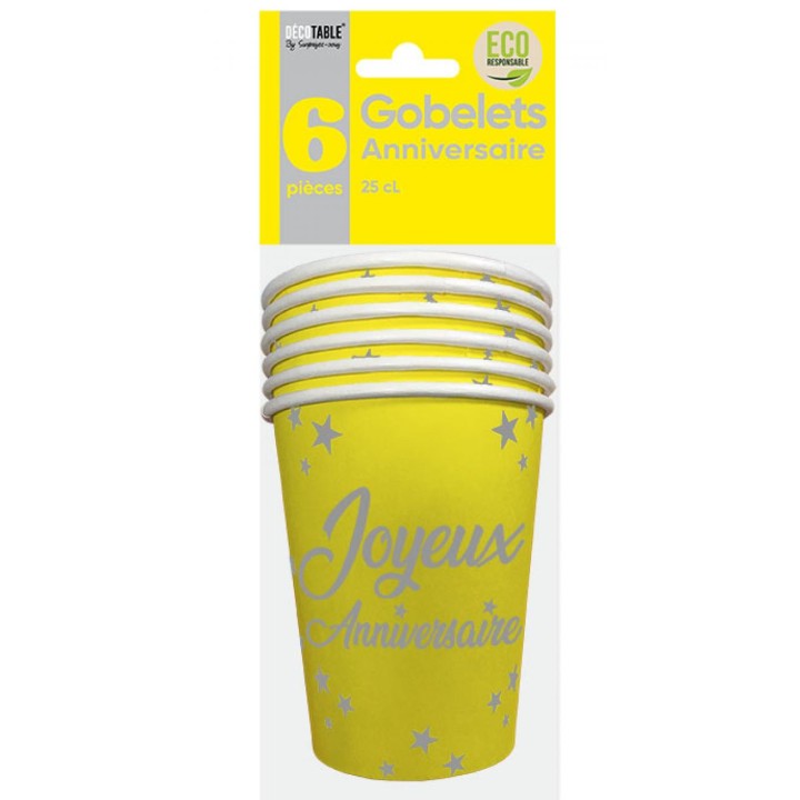 Gobelets carton joyeux anniversaire jaune