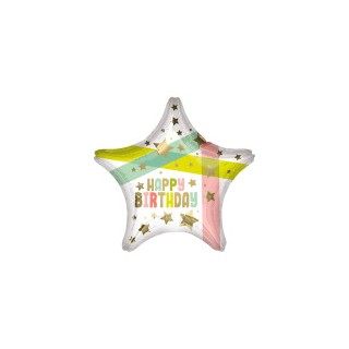 Ballon aluminium étoile happy birthday pastel