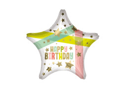 Ballon aluminium étoile happy birthday pastel