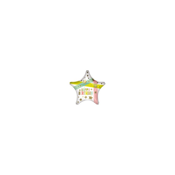 Ballon aluminium étoile happy birthday pastel