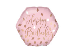 Ballon aluminium hexagone happy birthday blush
