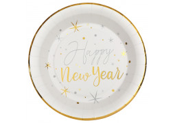 10 Assiettes blanches Happy new year or/argent