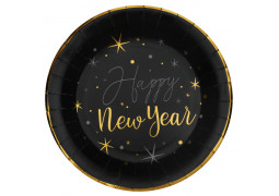 10 Assiettes noires Happy new year or/argent