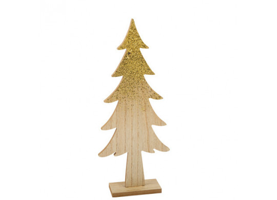 Sapin sur socle bois et paillette or 34cm