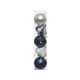 Boite 5 boules thème bleu/argent motifs assortis
