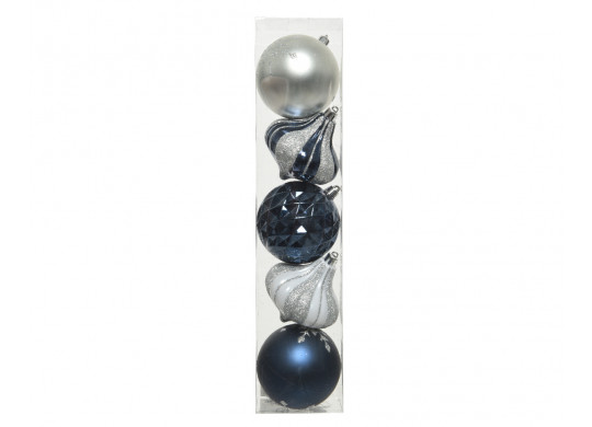 Boite 5 boules thème bleu/argent motifs assortis