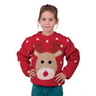 Pull moche de Noël enfant rouge tête de renne