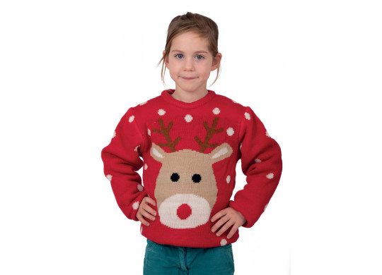 Pull moche de Noël enfant rouge tête de renne