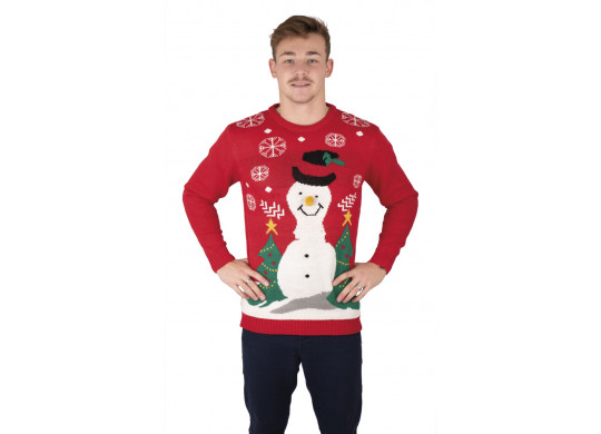 Pull moche de Noël adulte rouge bonhomme de neige