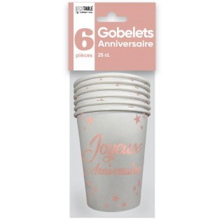 Gobelets carton Joyeux anniversaire rose gold