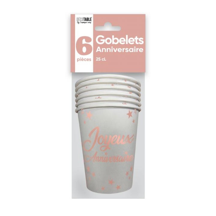 Gobelets carton Joyeux anniversaire rose gold